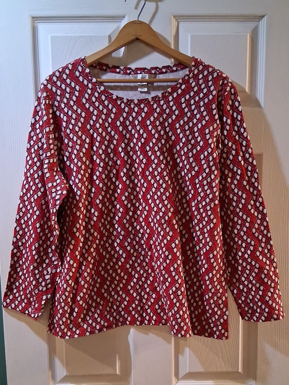 CJ Banks Red Geometric Penguins In Santa Hats Long-Sleeve Top